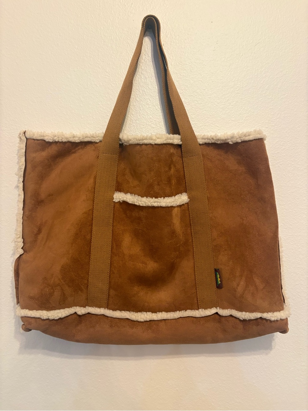 Cozy Faux Suede Sherpa Trim Tote Bag Tan Brown Winter Boho